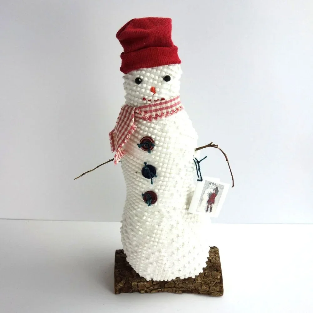 Handmade Chenille Snowman With Red Hat & Scarf On Dogwood Log‎